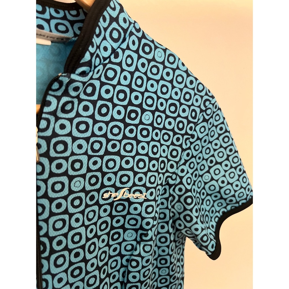 Shebeest Womens Cycling Jersey Teal Black Geometric Mod Print Short Sleeve S - Picture 2 of 8
